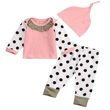 

3pcs baby set!! Newborn Baby Boys Girls Pink long sleeve T-shirt Tops+polka Dot Pants+pink hat