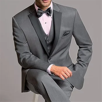 

2019 New Arrival Grey Men Suit 3pieces Terno Bespoke Slim Notch Lapel Wedding Groom Custom Made Blazer (Jacket+Pant+Vest+Tie)