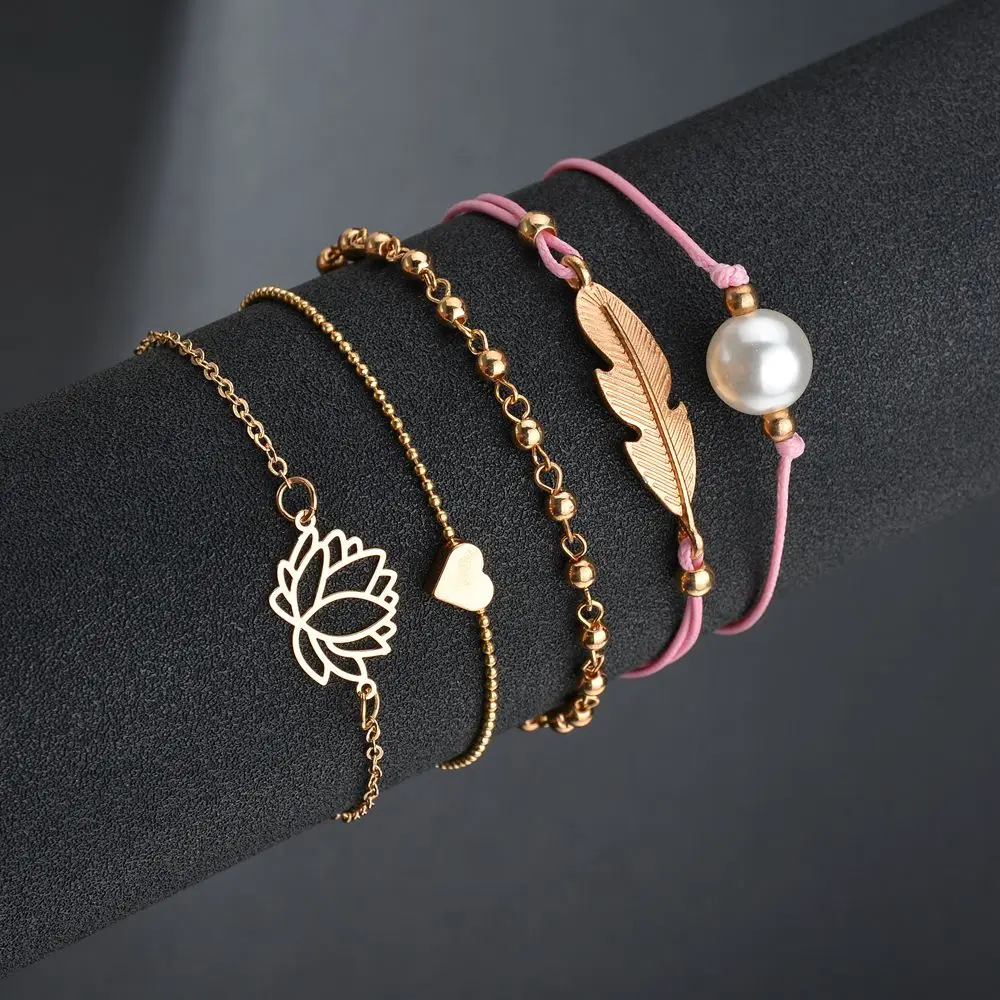 

Terreau Kathy Bohemia Lotus Heart Feather Bracelet Sets For Women Weave Pink Rope Chain Bracelets Pulseras Mujer Tassel Jewelry