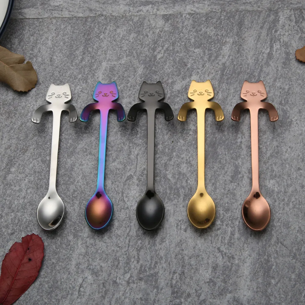 1PCS Cute Cat Spoon Long Handle Spoons Flatware Drinking Tools Kitchen Gadget