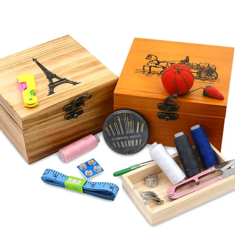 

Household Sewing Tools Kits Fine Quality Wooden Storage Box Including Needle Multi-color Sewing Threads Ruler Needle Threader