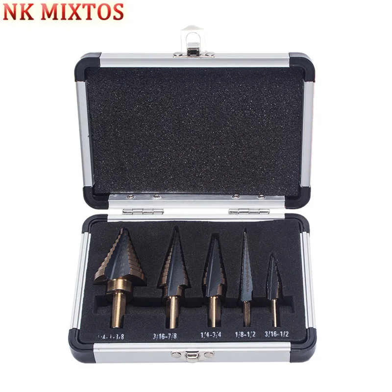 

NK MIXTOS 5 PCS Hss Cobalt Multiple Hole Step Drill Bit Set 1/4'' -1 3/8'' 3/16''-7/8'' 1/4''-3/4'' 1/8''-1/2'' 3/16''-1/2''