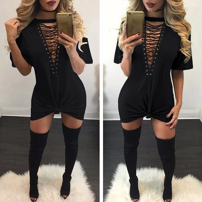 

Summer Mini Dresses Sundress Women Lace Up Dress Hollow Out V-Neck Half Sleeve Casual Plus Size Femme Vestdiao Female Robe