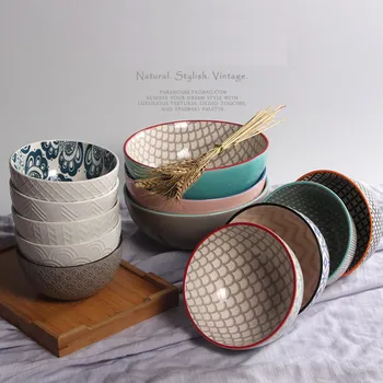 

Soup Bowl Colorful Ware Noodle Bowls Big Capacity Hand-painted Japanese Salad Food Container Lamian Breakfast Oat Container 1pcs