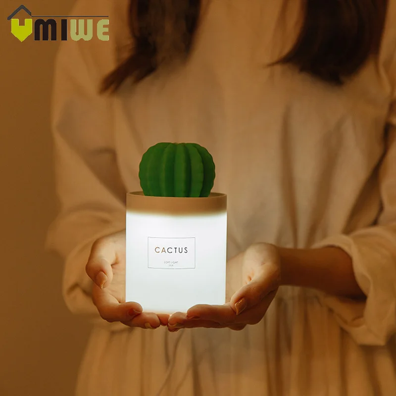  USB Cactus Air Humidifier Ultrasonic Humidifiers with Night Light Mist Maker Aromatherapy Diffuser 