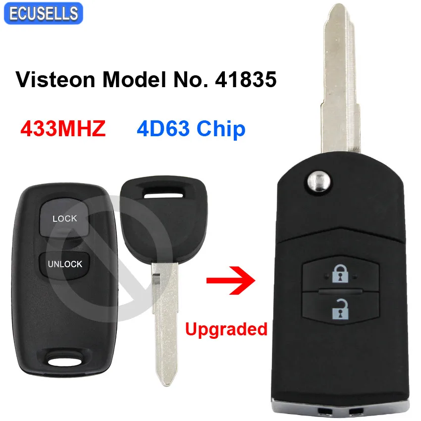

Upgraded 2 Button Folding Flip Remote Car Key Fob 433MHz 4D63 Chip for Mazda 2 3 6 323 626 MVP Visteon Model No. 41835