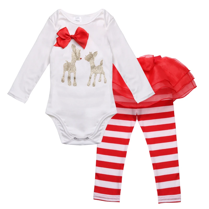Зимняя Рождественская Одежда для новорожденных; комбинезон с оленем для маленьких девочек и штаны в полоску; одежда для первого Рождества; комплект костюмов
