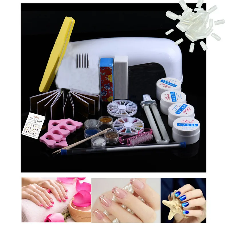 

Nails Art 9W Dryer Lamp Tube UV Gel Kit Brush Buffer Guides Toe Seperator Glitter Powder Liquid Tools Nail Tips Glue DIY Kit#11
