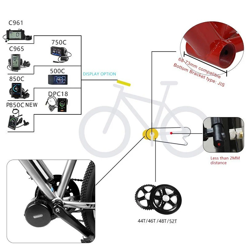 Bafang BBS02B 48V 500W Mid Crank мотор для электрического велосипеда Conversion Kit W/48V 12Ah/17.5Ah фара
