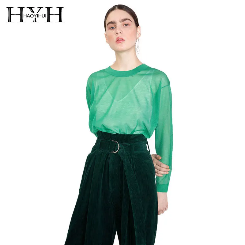 

HYH Haoyihui Simple Autumn Tops For Women 2018 Casual Green Blue Round Neck Plain Color Knit Perspective Long-sleeve Sweater