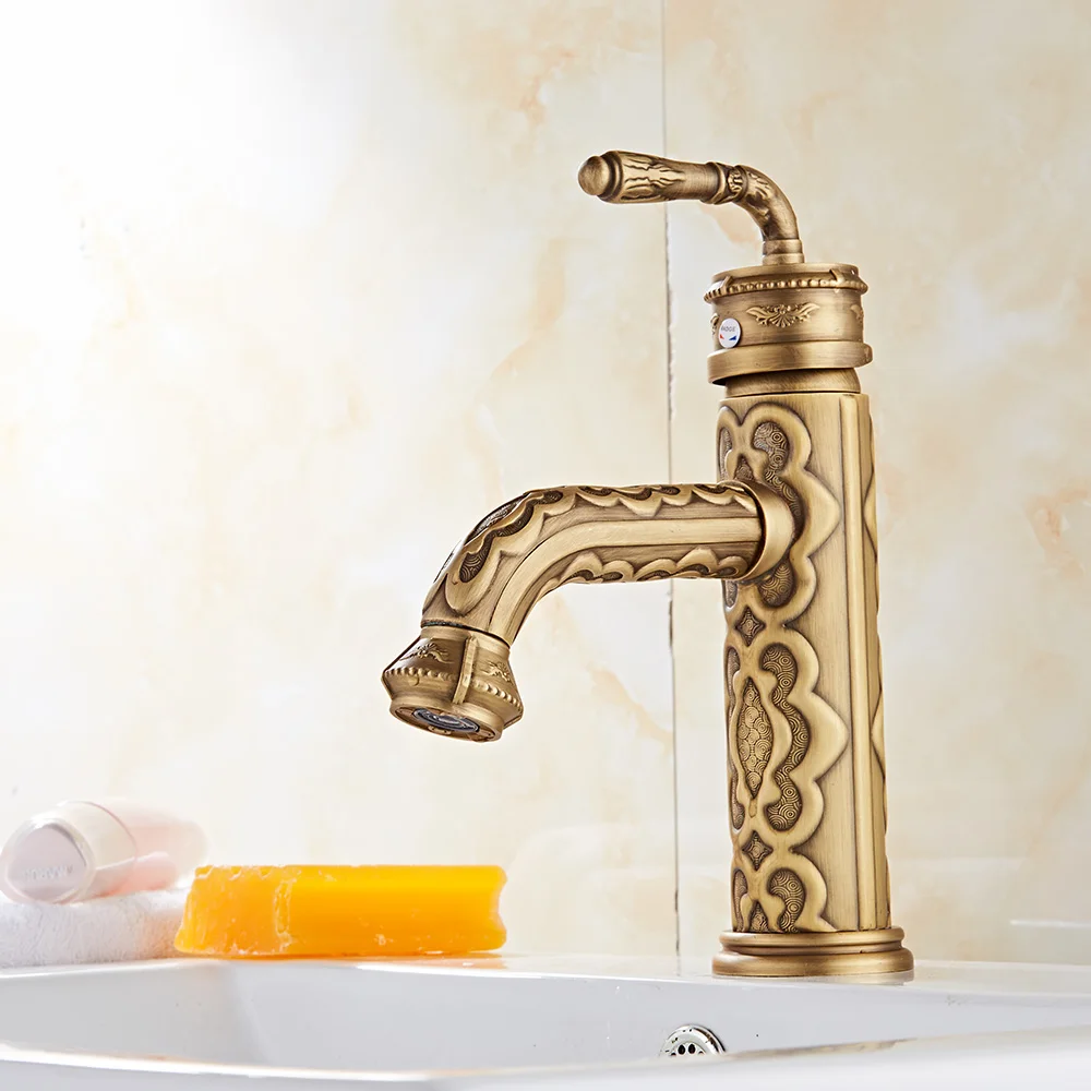 

GIZERO Vintage Faucets Antique Copper Carved Bathroom Basin Sink Faucet Waterfall Spout Vanity Mixer Taps GI152
