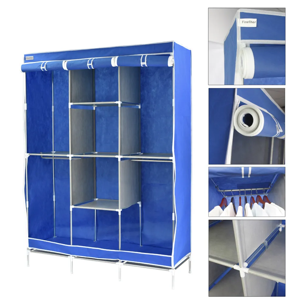 Finether Double Modular Metal Framed Fabric Wardrobe,Clothes Closet Portable Wardrobe Clothes Storage Rack-Blue1