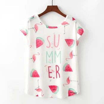 

2019 Summer Women Short Sleeve O Neck T Shirt Flamingo and Watermelon Print Wemen's Clothing Lovely T-shirt Top Size M L XL