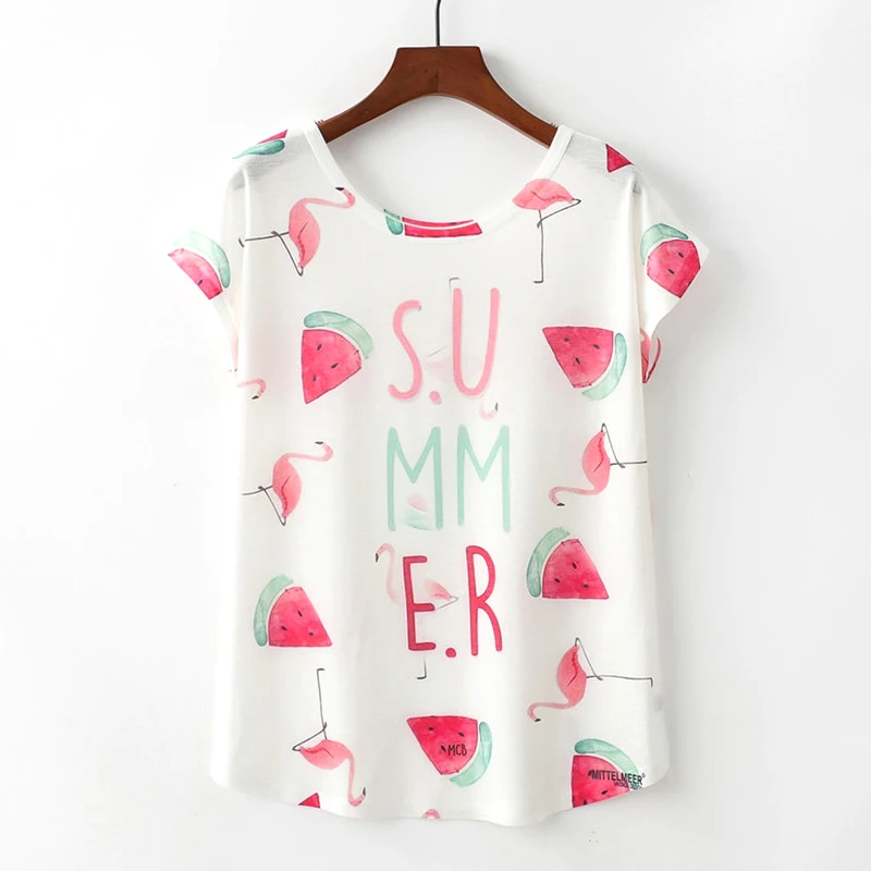 2019 Summer Women Short Sleeve O Neck T Shirt Flamingo and Watermelon Print Wemen's Clothing Lovely T-shirt Top Size M L XL 2019 Summer Women Short Sleeve O Neck T Shirt Flamingo and Watermelon Print Wemen's Clothing Lovely T-shirt Top Size M L XL