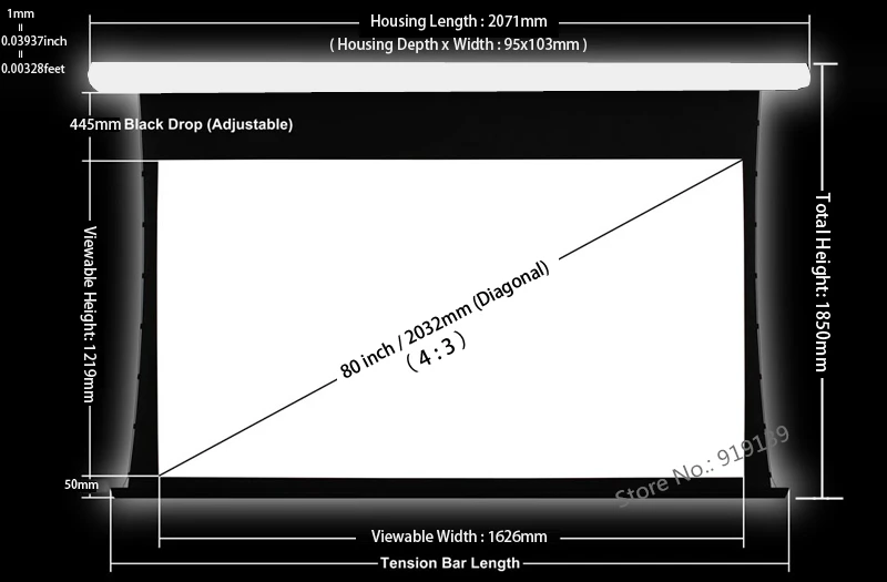 80 inch 4 By 3 Tab - tension Screen Dimension