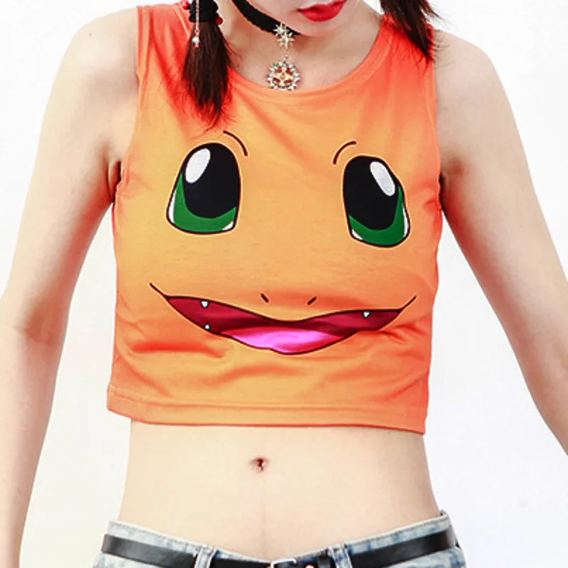 Летний сексуальный топ на бретелях в стиле Харадзюку для девочек с принтом Pokemon Pocket Monster Pikachu Eevee, топ-бюстье, майка, короткая рубашка
