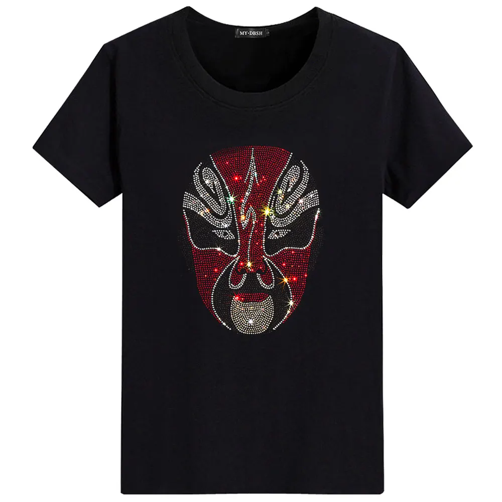 Big size 5XL Mask Unique Man Shinning Diamond Stone T-shirt Short Sleeve high quality Peking Opera Rhinestone Print men t shirts - Цвет: T002-O-Black