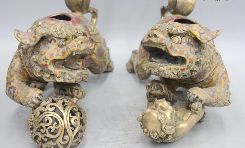 Китайский Бронзовый Медь перегородчатой эмали Foo Dog Лев Kylin Ладан курильница