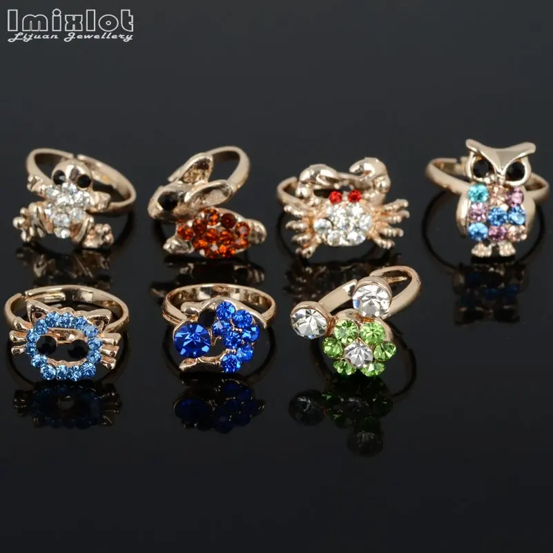 10 шт., разноцветные Регулируемые кольца с цветами и кристаллами в виде животных, вечерние кольца для маленьких девочек, модные ювелирные изделия