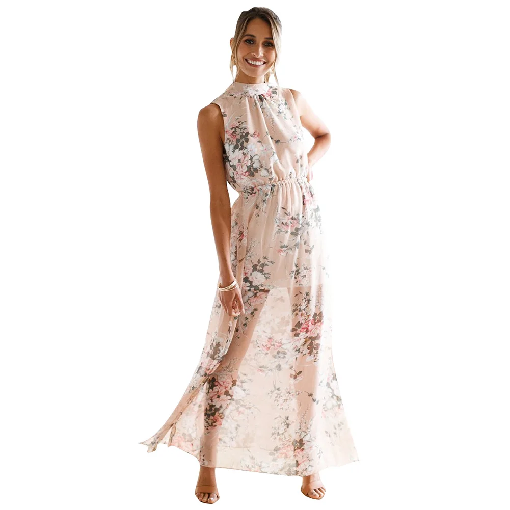 

Anself Women Floral Print Halter Long Dress Backless Split Casual Beach Summer Chiffon Boho Dress Pink Maxi Dresses for women