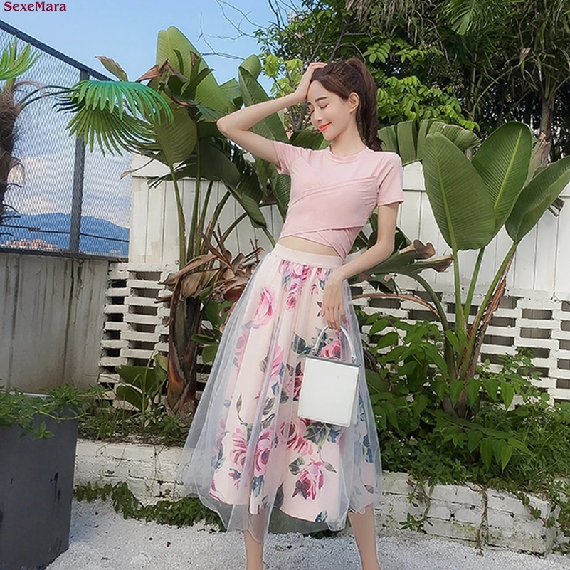

MexeMara fashion cross wrap chest slim short + printed mesh two-piece suit large swing skirt suit free Shipping