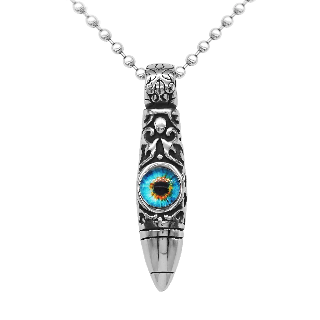 Vintage Stainless Steel Bullet Shape Evil Eye Pendant Ball Chain Necklace Fashion Punk Mens Jewelry