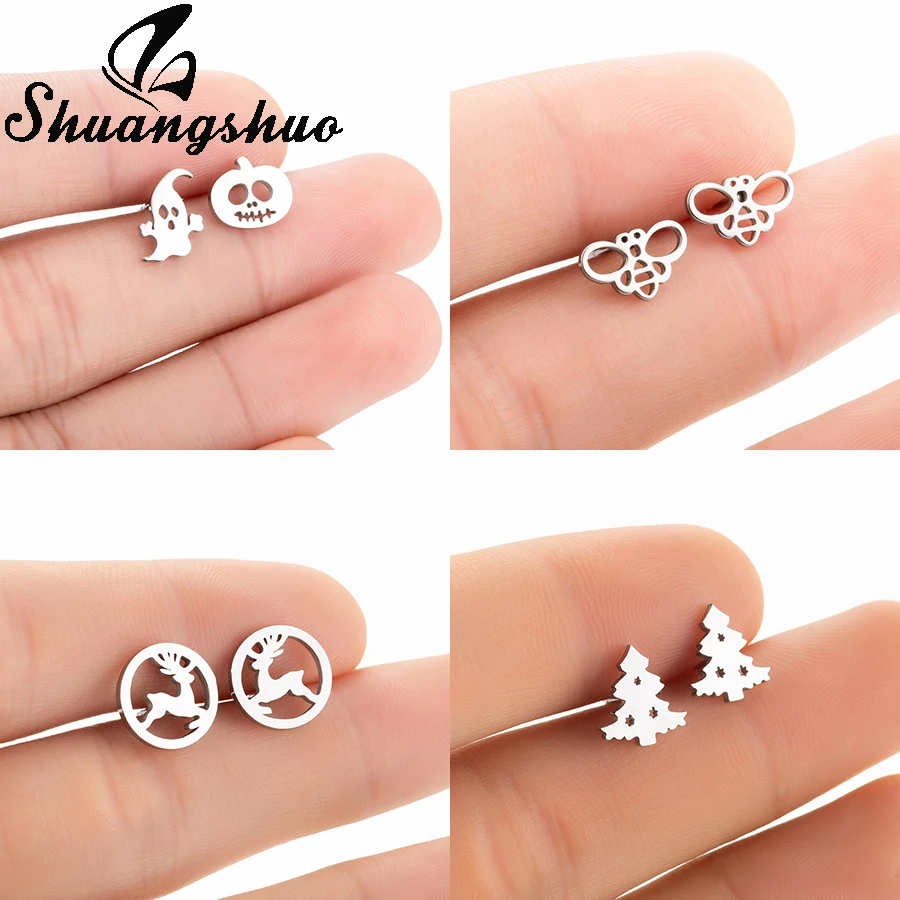 

Shuangshuo Cute Pumpkin Halloween Ghost Stud Earrings For Women Jewelry Stainless Steel Earings Silver Ear Studs oorbellen femme