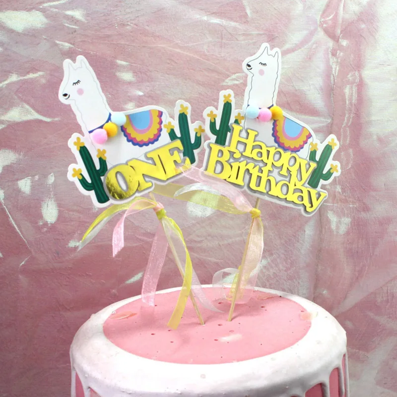 Alpaca Cactus Happy Birthday Cake Toppers Kids 1st Birthday One Year Birthday Cake Flags Cute Alpaca Birthday Party Decoration