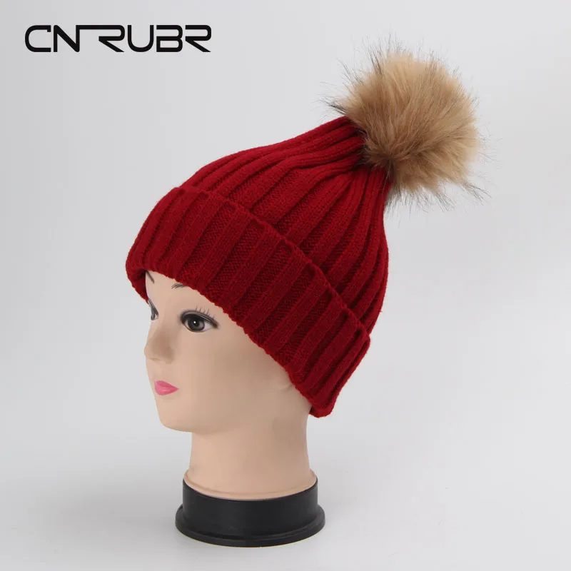 

CN-RUBR 2016 Winter Brand New Colorful Snow Cap Solid Wool Knitted Beanie Hat With Raccoon Fur Pom Poms Hip Hop Skullies Cap
