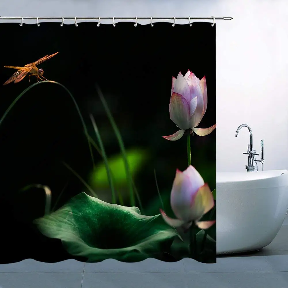 Flower Lotus Pattern Theme Shower Curtain Beautiful Lovely Pink Lotus