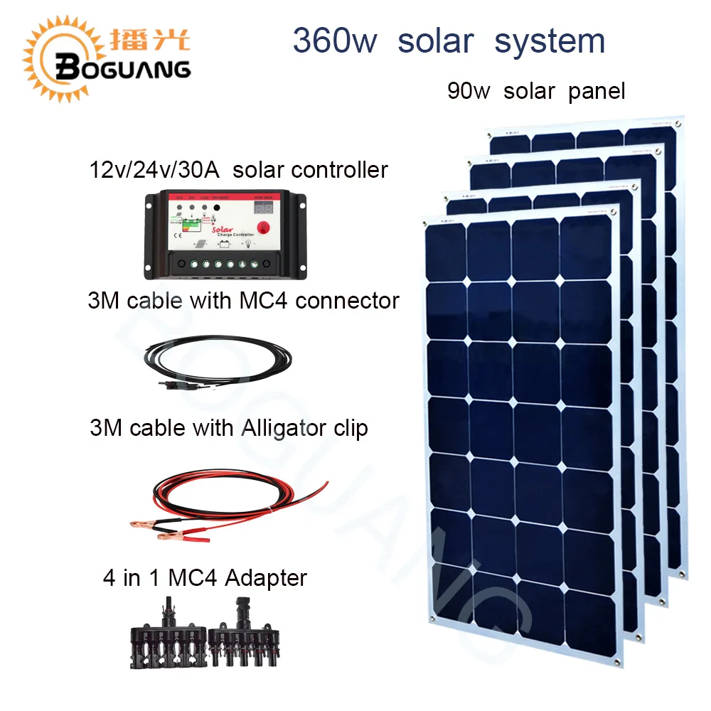 BOGUANG 360w solar system 90w panel cell 30A controller cable 4 in 1 adapter 12v battery yacht house roof car RV charge | Электроника