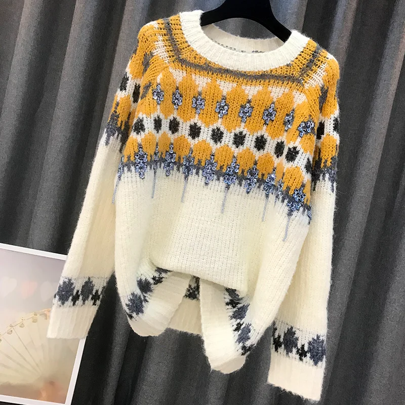 Женский вязаный пуловер ALPHALMODA свитер с длинным рукавом из мохера геометрическим
