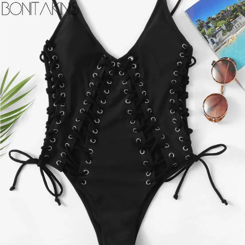 

Bonitakinis Solid Black Swimsuit Sexy Hollow Patchwork Bathing Suit Special 2019 Bandage One Piece Monokini Bodysuit