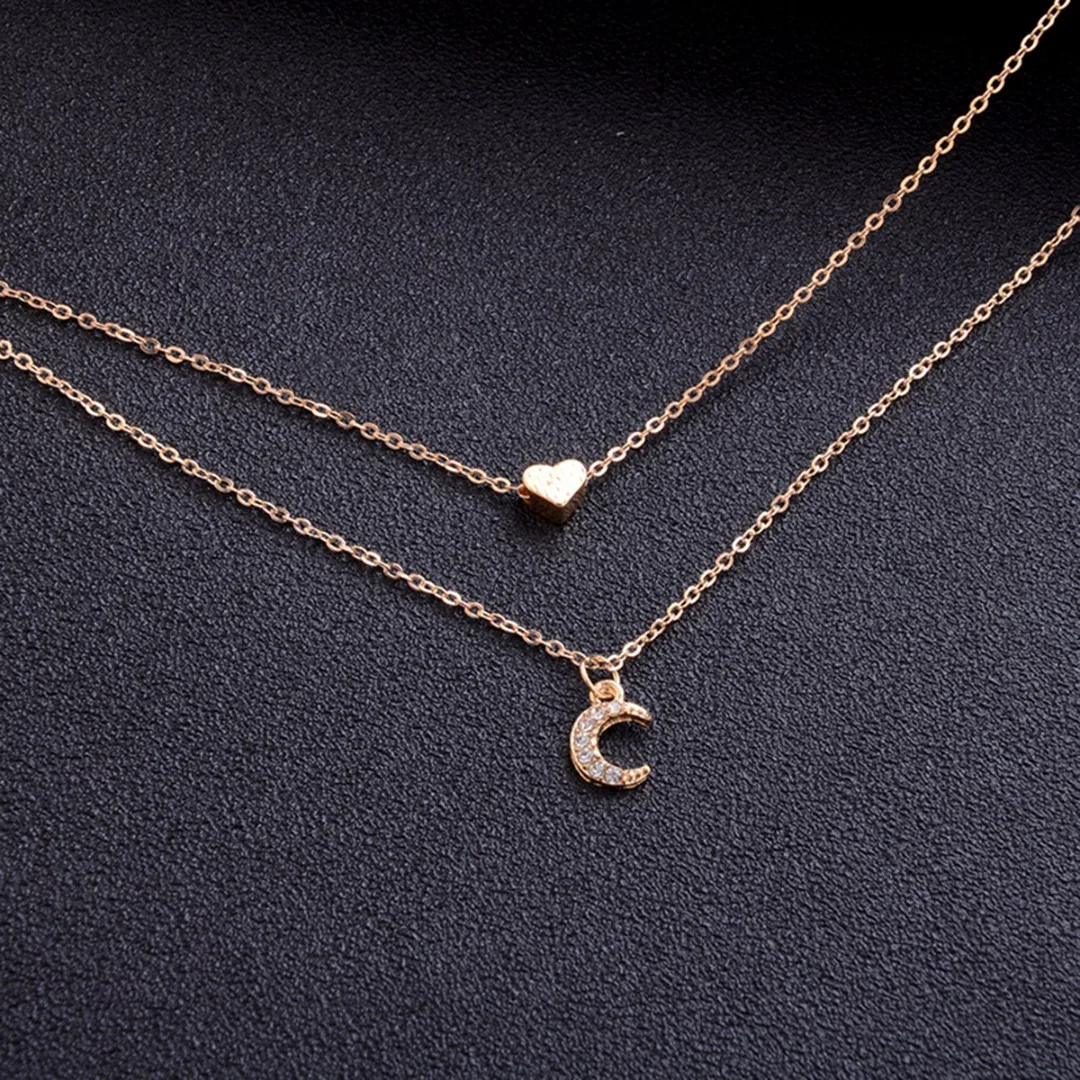 Bohemian Simple Double Layer Gold Color Chain Chic  Love Heart Moon Clavicle Pendant Necklace Charms Jewelry Gift For Girlfriend