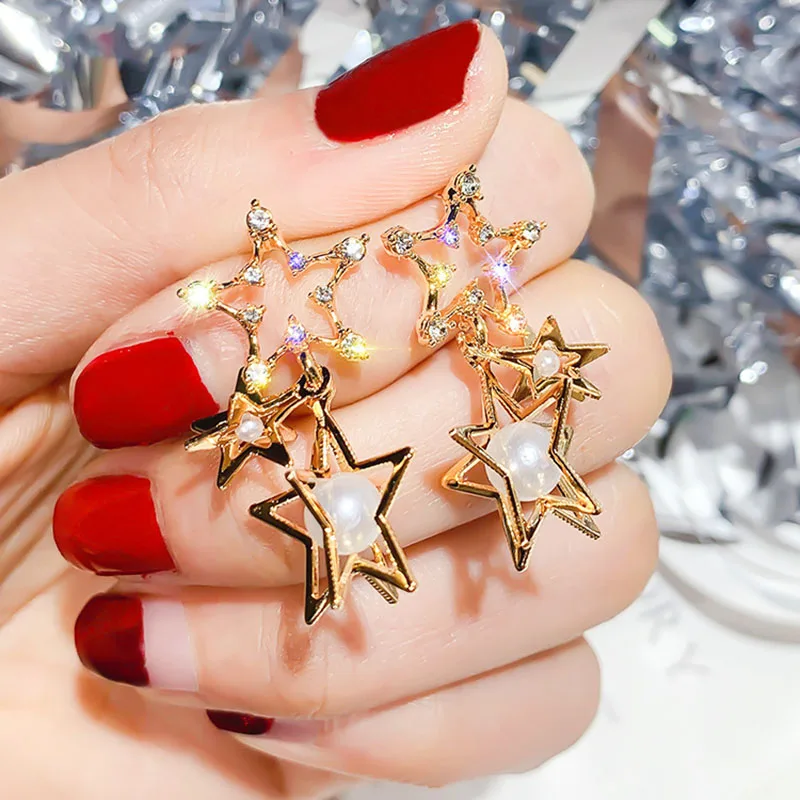 

Korean Style 3D Pentacle Star Earrings for Women Gold Crystal Pearl Stud Earrings Party Statement Earings Fashion Jewelry 2019