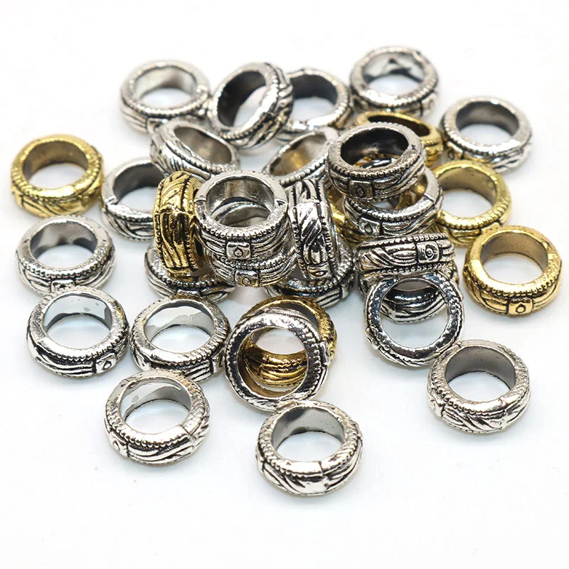 

9mm 50Pcs/lot Vintage Tibetan Silver Big Hole Spacer Beads Gold Silver Wheel pattern Bead Needlework Bracelet Jewelry Making