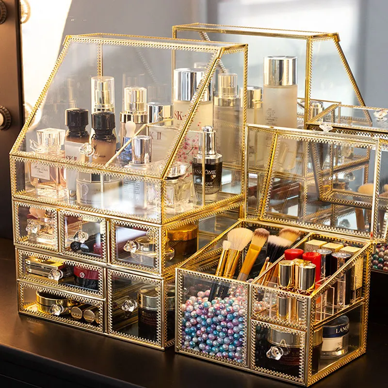

Transparent Glass Drawer Makeup Organizer Large Desktop finishing Skin Care Shelf Tissue Jewellery Necklace Ring Storage Box