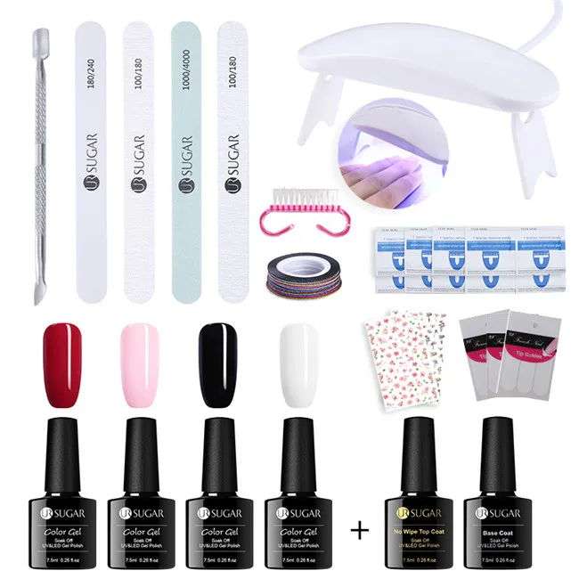 UR SUGAR Full Manicure Nail Set 6W UV LED Lamp with 7.5ml Semi Permanant Color UV Gel Polish Top Base Coat Nail Art Tools Kit - Цвет: 4colors-Set1