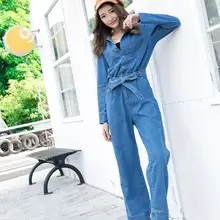 Модные женские комбинезоны весенние и осенние джинсы брюки с поясом на талии Карманы длинный комбинезон джинсовые штаны от комбинезона