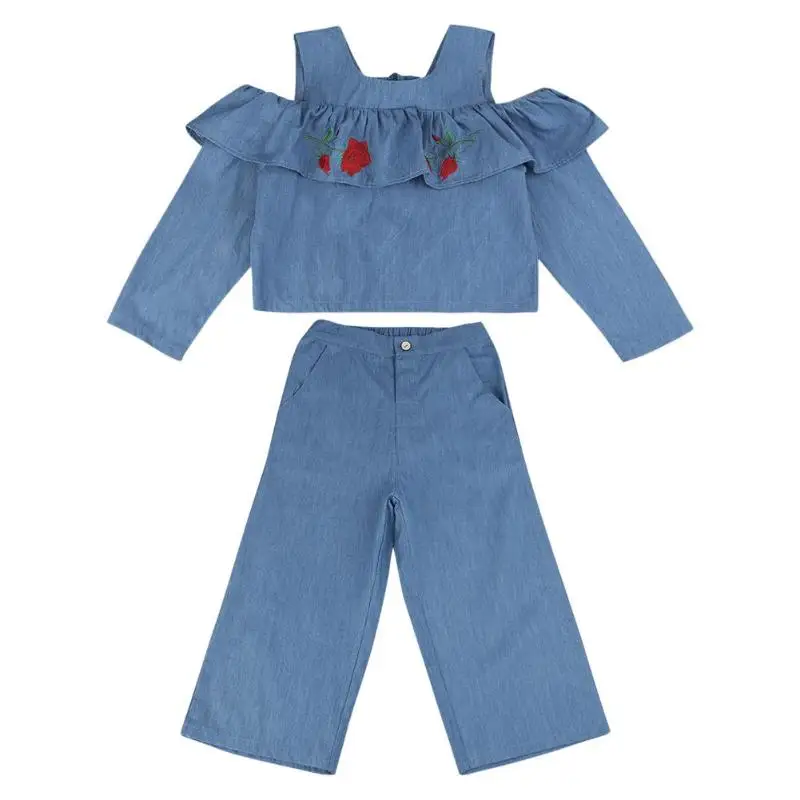 

2pcs 100% Soft Cotton Girls Denim Autumn Clothes Set Cold Shoulder Kid Embroidery Floral Tops Pants