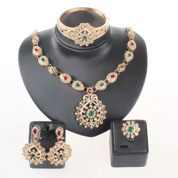 

Classic Jewelry Sets For Women Necklace Earrings Bangle Ring Set Gold Color Green Crystal Bridal Wedding Dress Accessories