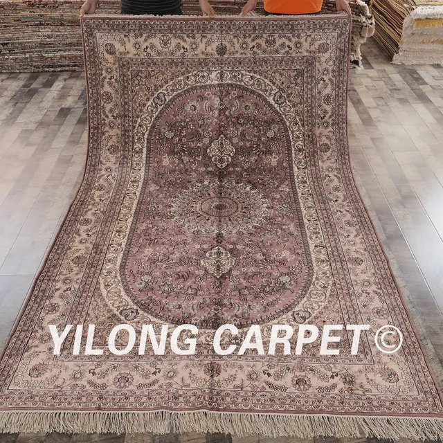 Yilong 6 X9 Antique Turkish Silk Carpet Medallion Pink Hand Yilong 6 X9 Antique Turkish Silk Carpet Medallion Pink Hand Knotted Oriental Rug