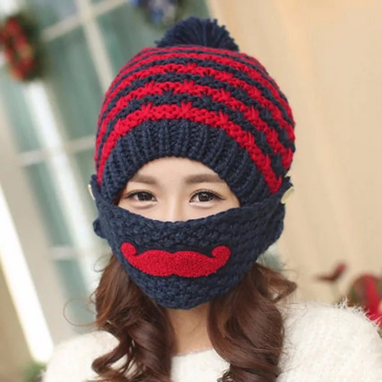 Новинка усы Для женщин зима теплая шапка с маской леди вязать Кепки