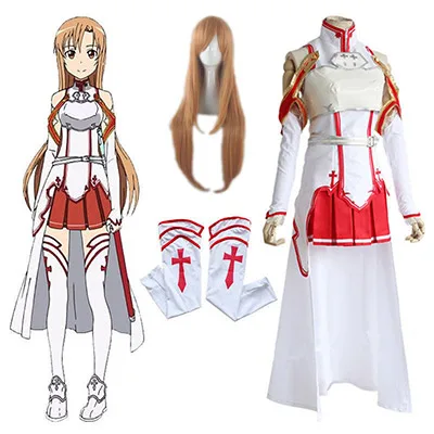 Günstig Anime Schwert Art Online Asuna Yuuki Kleid Cosplay Kostüme Uniform für Halloween SAO Asuna Schlacht Anzug Outfits Vollen Satz mit perücke