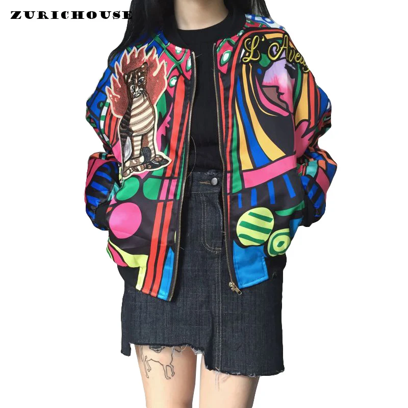 

Streetwear Fashion Embroidery Jacket Women Spring Basic Coat 2019 New Hit Color Patchwork Print Bomber Jacket Chaquetas Mujer