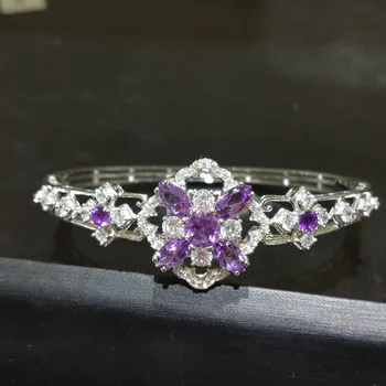 

FLZB, Flower bangle in 925 sterling silver with natural amethyst gemstone in 18K white gold plated luxury bangle for woman