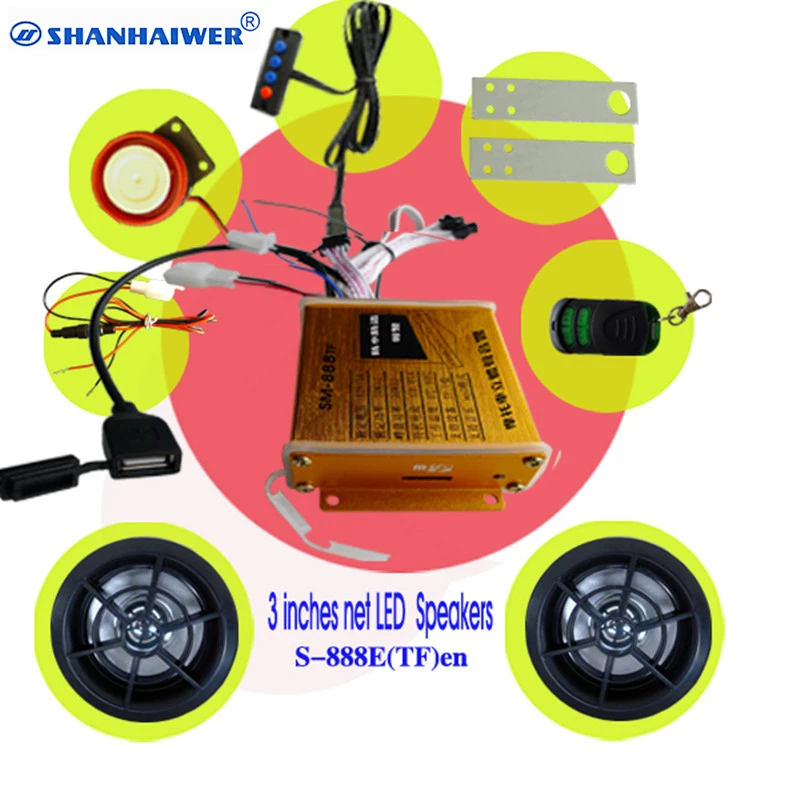 

Digital Motorcycle MP3 player with FM USB function button Multi functional motorbike anti theft alarm with 2 way 3 inch speakers
