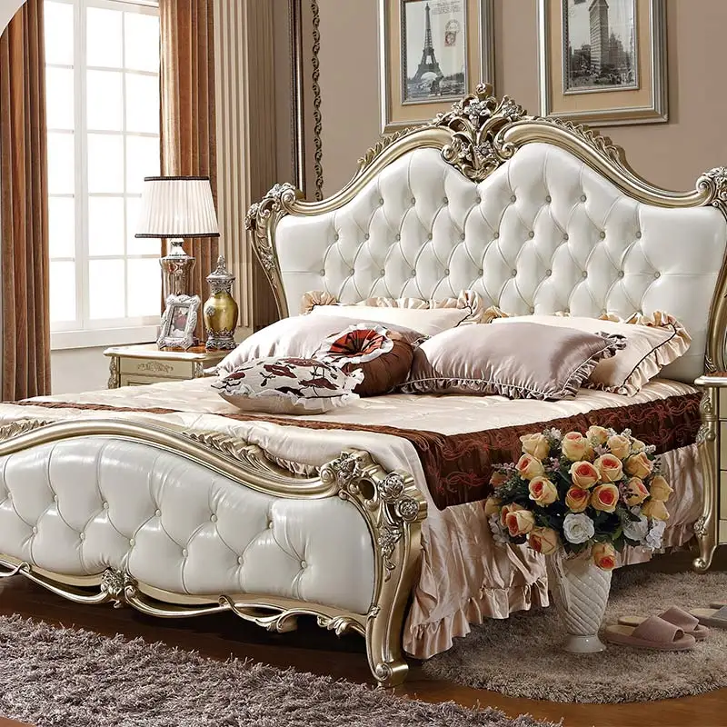 White Ivory Baroque Upholstered Antique French Style Bed Cama