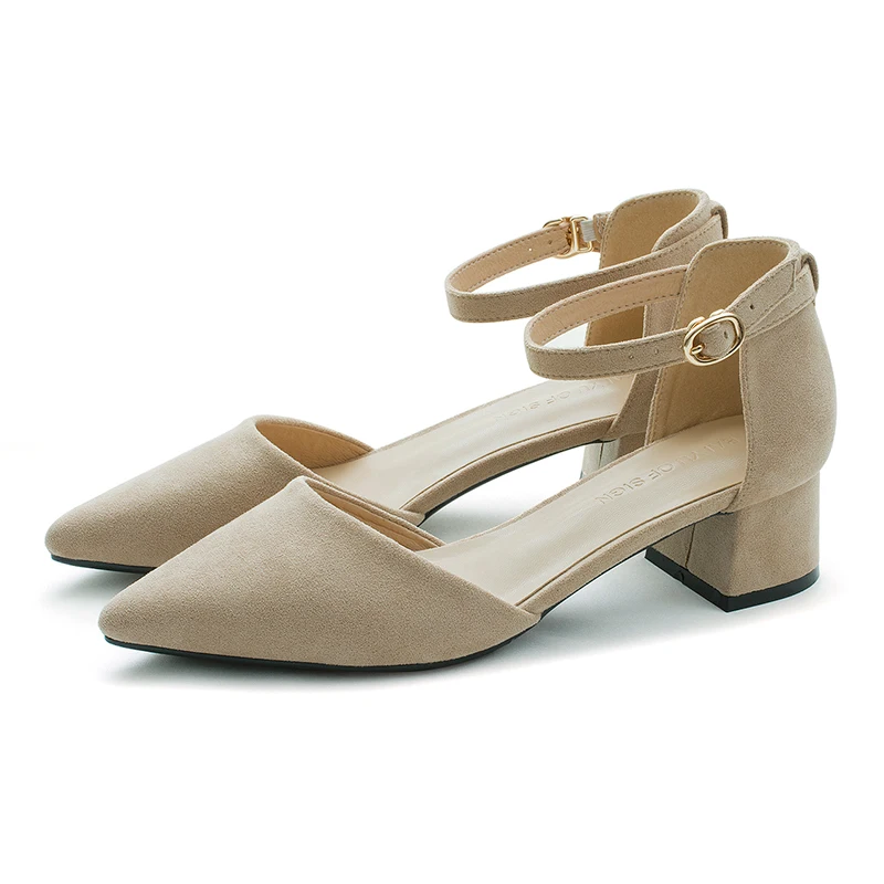 

Women's Flock Square Medium Heels Female Point Toe Ankle Straps Rubber Sole Pumps Lady's Casual Wedding Sandals Shoes