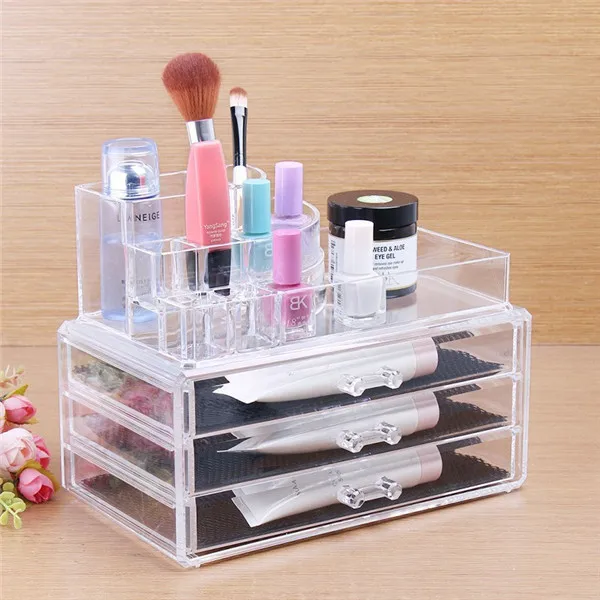 1 set Fashion Cosmetic Jewellery Rack Makeup Organizer Clear Box Showcase With 3 Storage Drawers